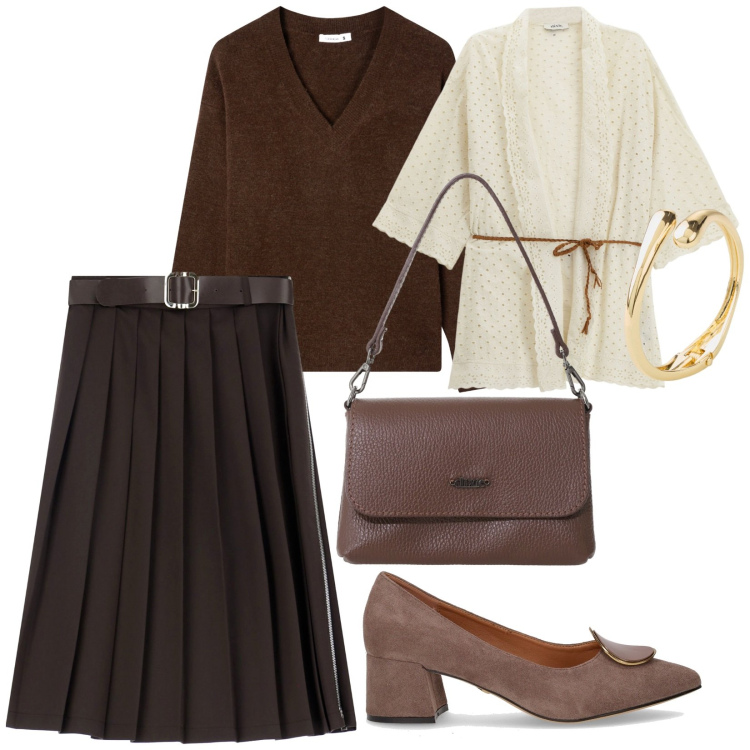 Outfit donna - A lavoro. per Ufficio. Abbinamento con braccialetti, maglieria, gonne longuette, cappotti, borse a tracolla, décolleté.