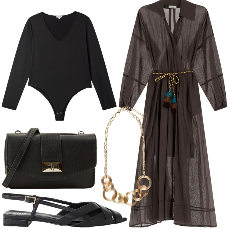 Outfit donna - Invitata al battesimo. Stile Glamour per Cerimonia. Abbinamento con borse a tracolla, body, sandali, vestiti lunghi, collane.