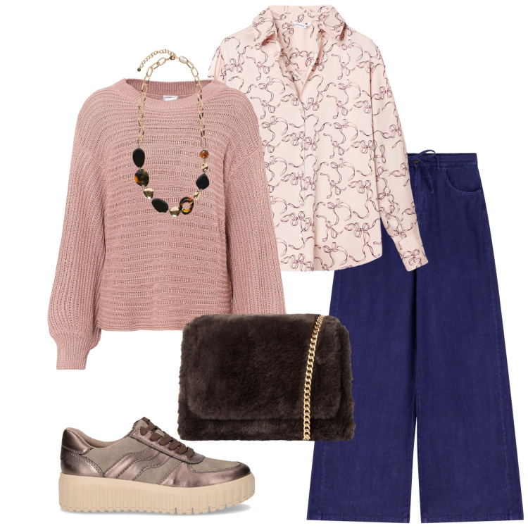 Outfit donna - Total look #2246072. Stile Casual per Tutti i giorni. Abbinamento con maglieria, camicie, borse a tracolla, pantaloni, collane, sneakers.