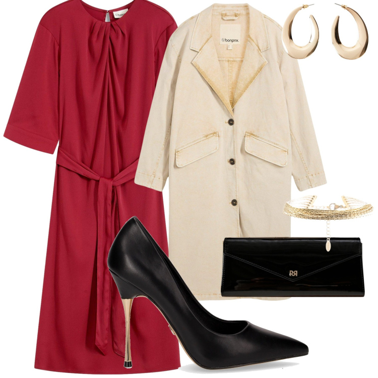 Outfit donna - Eleganza autunnale. Stile Casual chic per Serata fuori. Abbinamento con orecchini, trench, vestiti midi/longuette, pochette, braccialetti, décolleté.