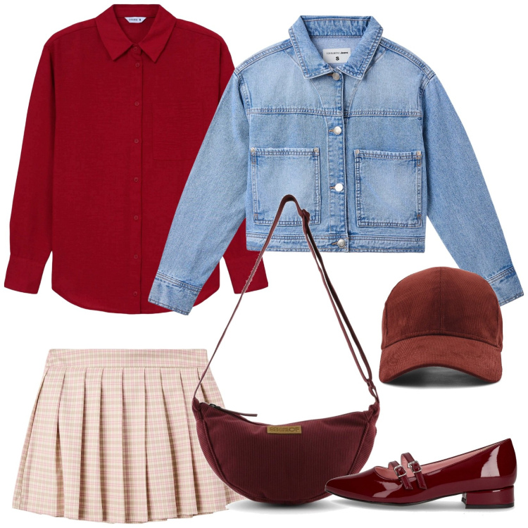 Outfit donna - Preppy bordeaux. Stile Preppy per Scuola/Università. Abbinamento con camicie, minigonne, cappotti, borse a tracolla, ballerine, cappelli.