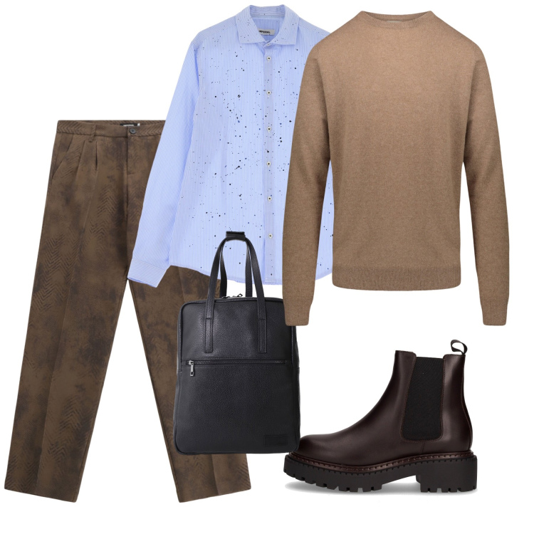 Outfit uomo - Total look #2246087. Stile Casual per Ufficio. Abbinamento con borse sportive, camicie, pantaloni, maglieria, stivali e stivaletti.