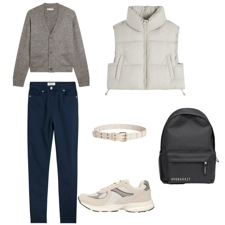 Outfit donna - Giornata fresca. Stile Basic per Tutti i giorni. Abbinamento con piumini, pantaloni skinny, cinture, cardigans, zaini, sneakers.