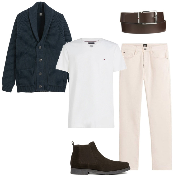 Outfit hombre - Casual #15132. Estilo Casual para Todos los días. Combinación con vaqueros, botas y botines, cárdigans, cinturones, camiseta.