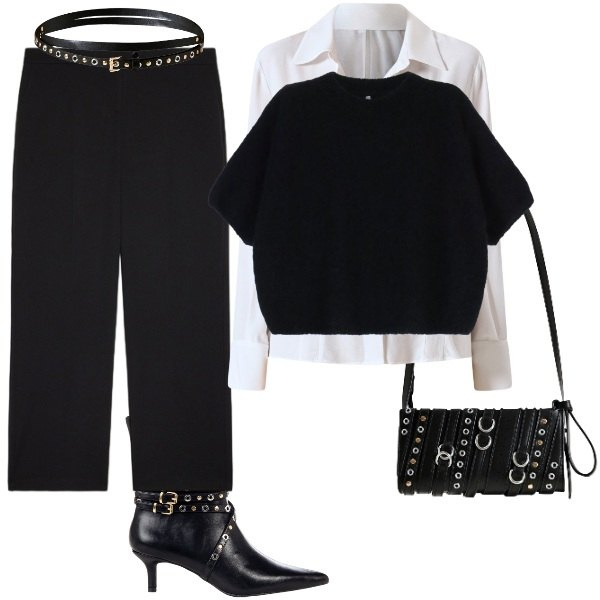 Outfit donna - l\'iconica camicia bianca. Stile Casual per Tutti i giorni. Abbinamento con stivaletti, borse a spalla, cinture, camicie, maglieria, pantaloni.