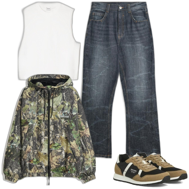 Outfit hombre - Urban #4343. Estilo Urban para Todos los días. Combinación con vaqueros, sneakers, chaquetas, camisetas sin mangas.