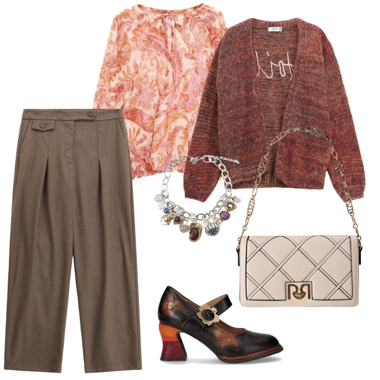 Outfit donna - Originale. per Tutti i giorni. Abbinamento con borse a tracolla, cardigans, pantaloni, braccialetti con ciondoli, bluse, décolleté.