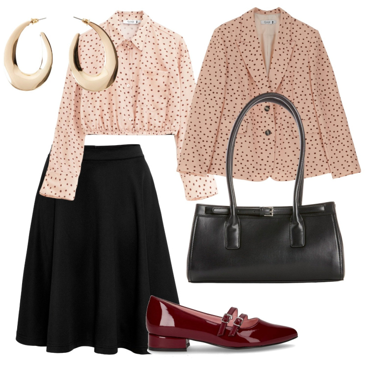 Outfit donna - In cioccolateria. per Tutti i giorni. Abbinamento con gonne, orecchini, borse a mano, camicie, blazer, ballerine.
