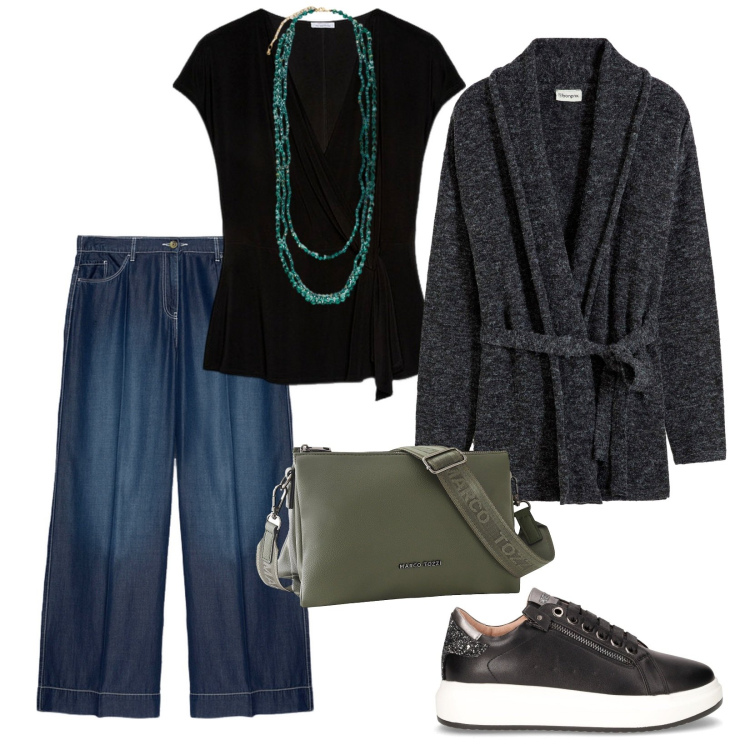 Outfit donna - Passeggiata settembrina. per Tutti i giorni. Abbinamento con cardigans, borse a tracolla, pantaloni, sneakers, bluse, collane.
