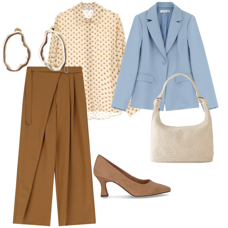 Outfit donna - Dal parrucchiere. per Tutti i giorni. Abbinamento con shopping bag, blazer, camicie, pantaloni a palazzo, orecchini, décolleté.