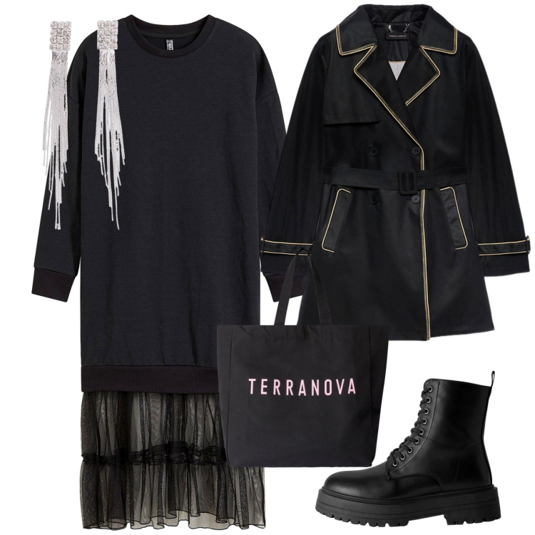 Outfit donna - Urban. per Serata fuori. Abbinamento con vestiti midi/longuette, orecchini, borse tote, anfibi, trench.