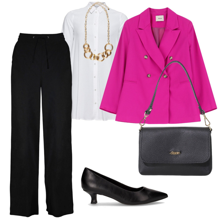 Outfit donna - Aperitivo. per Serata fuori. Abbinamento con camicie, pantaloni a palazzo, borse a tracolla, blazer, collane, décolleté.
