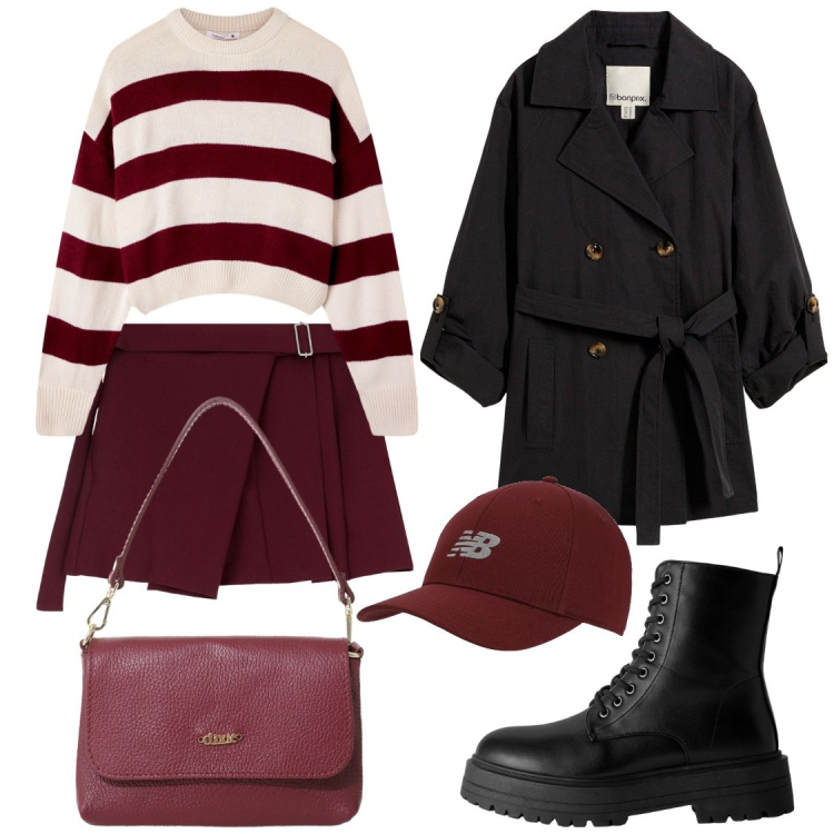 Outfit donna - Bordeaux mood. Stile Casual chic per Tutti i giorni. Abbinamento con trench, anfibi, maglieria, cappelli con visiera, minigonne, borse a tracolla.