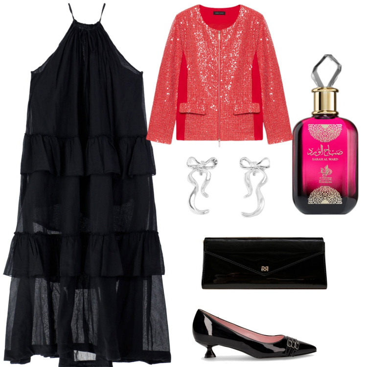 Outfit donna - Festa. per Serata fuori. Abbinamento con profumi, orecchini, pochette, vestiti lunghi, décolleté, blazer.