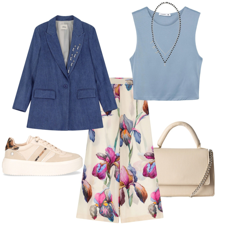 Outfit donna - Settembre. Stile Glamour per Ufficio. Abbinamento con borse a tracolla, top, collane, pantaloni, blazer, sneakers.