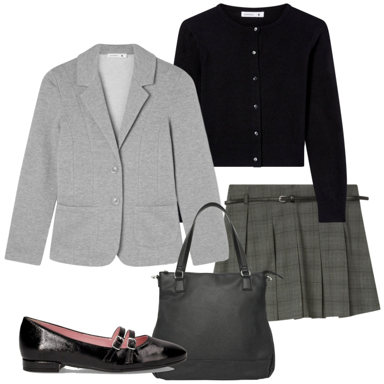 Outfit donna - New collection Terranova. Stile Casual chic per Ufficio. Abbinamento con blazer, minigonne, shopping bag, cardigans, ballerine.