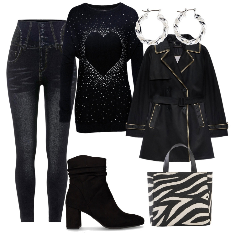 Outfit donna - Al centro commerciale. per Tutti i giorni. Abbinamento con pullovers, orecchini, jeggings, borse a mano, trench, stivaletti.