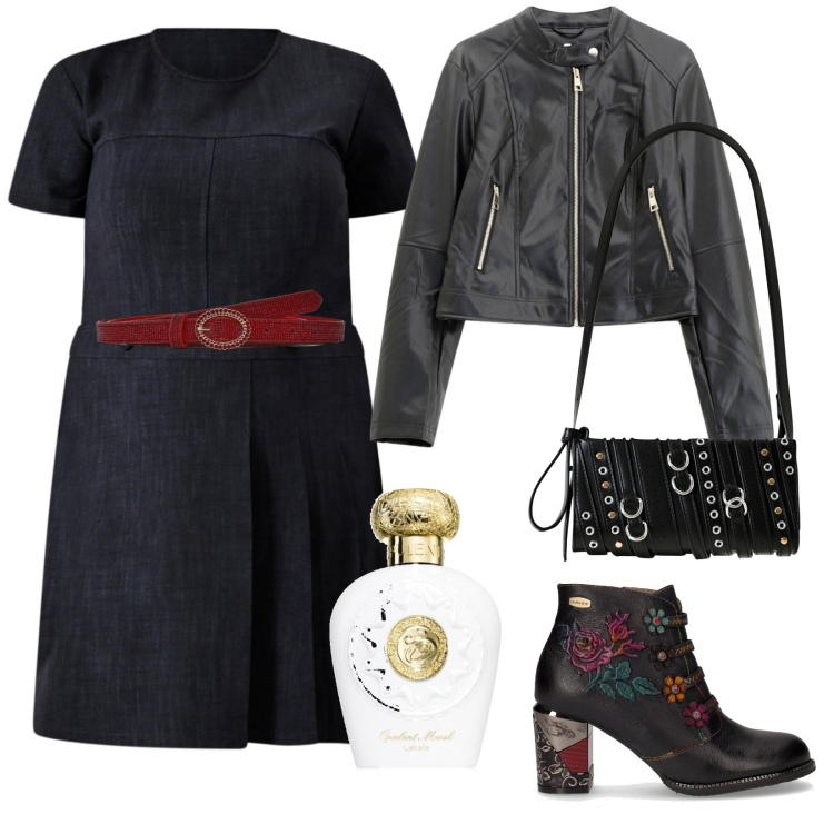 Outfit donna - Mai senza profumo. per Serata fuori. Abbinamento con profumi, cinture, borse a spalla, vestiti a tubino, giacche, stivaletti.