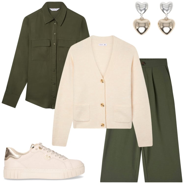 Outfit donna - New collection Terranova. Stile Basic per Tutti i giorni. Abbinamento con pantaloni a palazzo, camicie, cardigans, orecchini, sneakers.