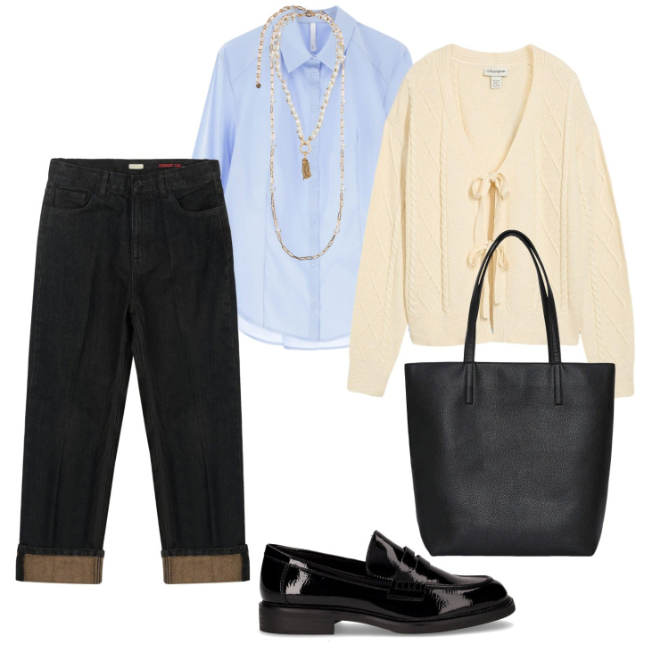 Outfit donna - In città. per Tutti i giorni. Abbinamento con cardigans, borse tote, camicie, mocassini, jeans dritti, collane.