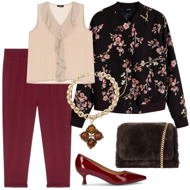 Outfit donna - Bordeaux. Stile Romantica per Serata fuori. Abbinamento con bomber, borse a tracolla, top, collane, pantaloni, décolleté.