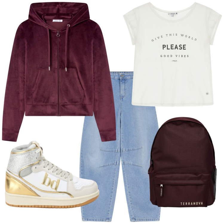 Outfit donna - Torno a scuola. Stile Basic per Tutti i giorni. Abbinamento con zaini, felpe con cappuccio, jeans, t-shirt, sneakers alte.