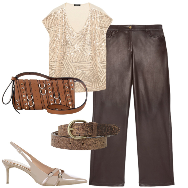 Outfit donna - City. Stile Urban per Tutti i giorni. Abbinamento con borse a spalla, décolleté, cinture, t-shirt, pantaloni.