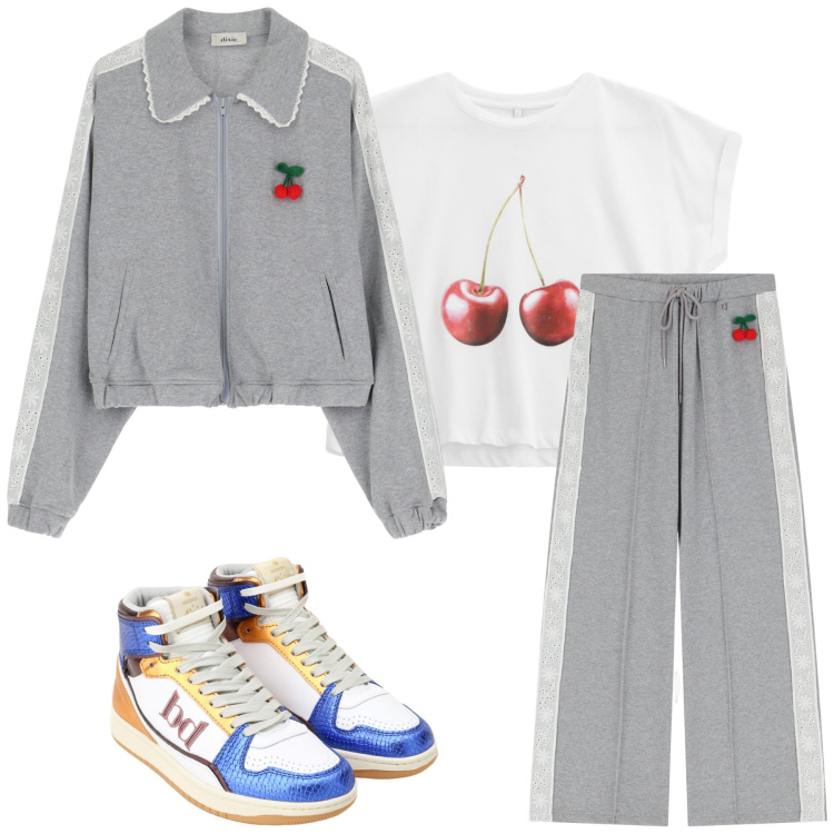 Outfit donna - Total look #2246162. Stile Sporty chic per Sport. Abbinamento con t-shirt, sneakers alte, pantaloni sportivi, bomber.