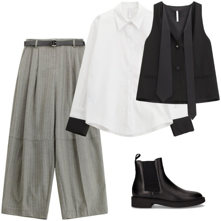 Outfit donna - Total look #2246163. Stile Mannish per Ufficio. Abbinamento con pantaloni, top, camicie, stivaletti.