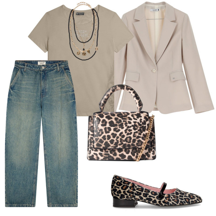 Outfit donna - Urban. per Tutti i giorni. Abbinamento con borse a tracolla, jeans, blazer, t-shirt, collane, ballerine.