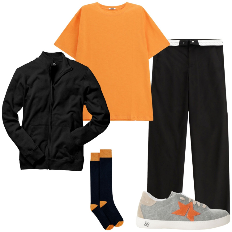 Outfit uomo - Pantaloni design minimalista. Stile Casual per Tutti i giorni. Abbinamento con felpe, sneakers, pantaloni, t-shirt, calzini.