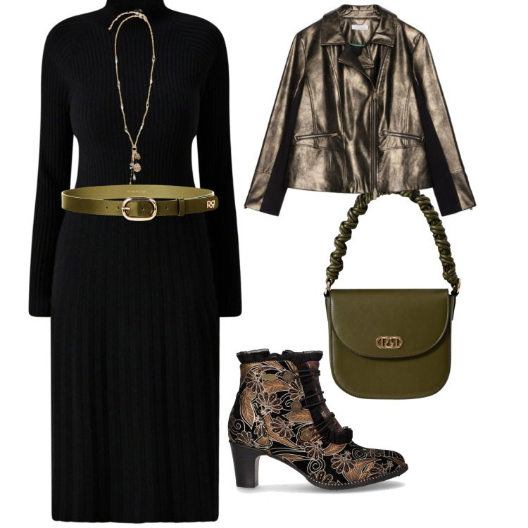 Outfit donna - Al cinema. per Serata fuori. Abbinamento con cinture, borse a mano, vestiti midi/longuette, giacche, ciondoli, stivaletti.