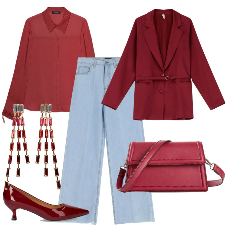 Outfit donna - Ufficio in jeans chic. Stile Casual chic per Ufficio. Abbinamento con borse a tracolla, orecchini, blazer, jeans, camicie, décolleté.