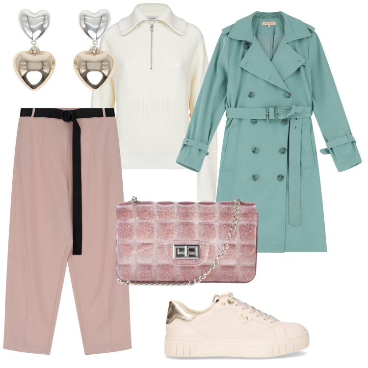 Outfit donna - Usciamo per un gelato. per Tutti i giorni. Abbinamento con borse a tracolla, orecchini, trench, pantaloni, maglieria, sneakers.