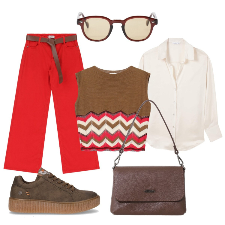 Outfit donna - Pantaloni rossi. Stile Casual chic per Tutti i giorni. Abbinamento con camicie, pantaloni, maglieria, occhiali da sole, borse a tracolla, sneakers.