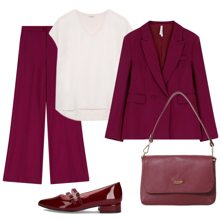 Outfit donna - Perfetta h24. Stile Basic per Tutti i giorni. Abbinamento con pantaloni, blazer, borse a tracolla, bluse, ballerine.