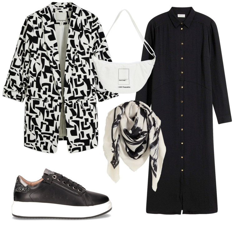 Outfit donna - Total look #2246184. Stile Minimal per Tutti i giorni. Abbinamento con blazer, foulard, vestiti chemisier, marsupi, sneakers.