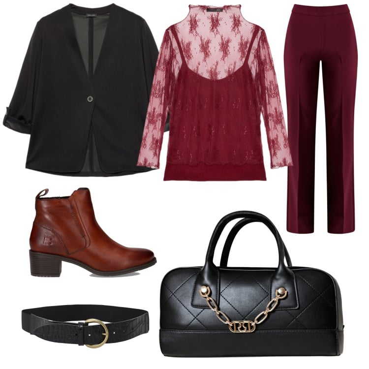 Outfit donna - Bordeaux e nero di moda. Stile Trendy per Serata fuori. Abbinamento con pantaloni a palazzo, borse a mano, cinture, t-shirt, stivaletti, blazer.