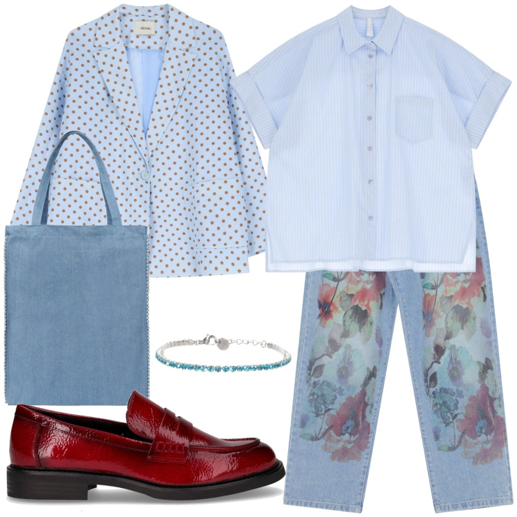 Outfit donna - Tante fantasie ma un filo conduttore. Stile Glamour per Ufficio. Abbinamento con borse tote, jeans dritti, camicie a manica corta, braccialetti, blazer, mocassini.
