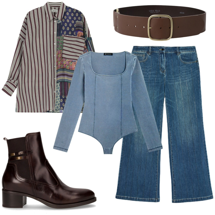 Outfit donna - Camicia fantasia. Stile Etnico per Tutti i giorni. Abbinamento con body, camicie, cinture, jeans dritti, stivaletti.
