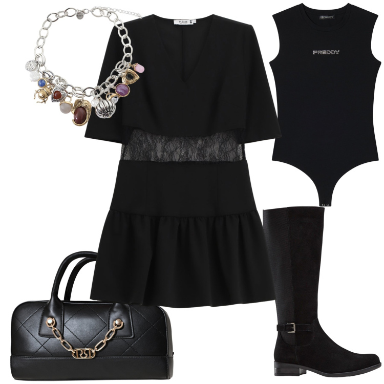 Outfit donna - Il primo stivale. Stile Urban per Ufficio. Abbinamento con stivali, borse a mano, vestiti corti, body, braccialetti con ciondoli.