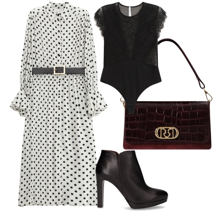 Outfit donna - A pois in ufficio. Stile Bon Ton per Ufficio. Abbinamento con borse a mano, body, vestiti midi/longuette, stivaletti.