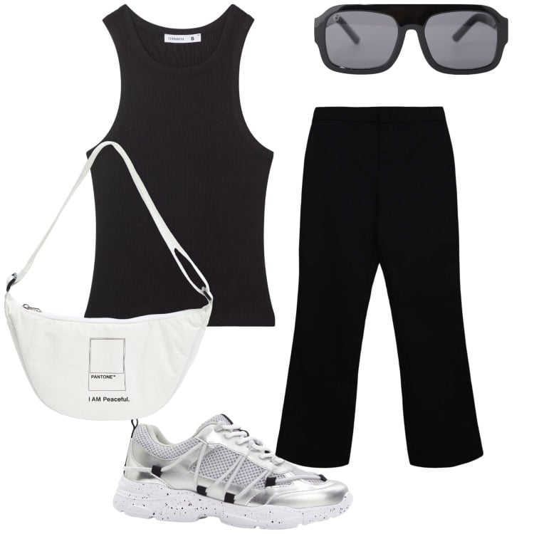 Outfit donna - Un po’ di allenamento. Stile Basic per Sport. Abbinamento con sneakers, top sportivi, pantaloni, marsupi, occhiali da sole.