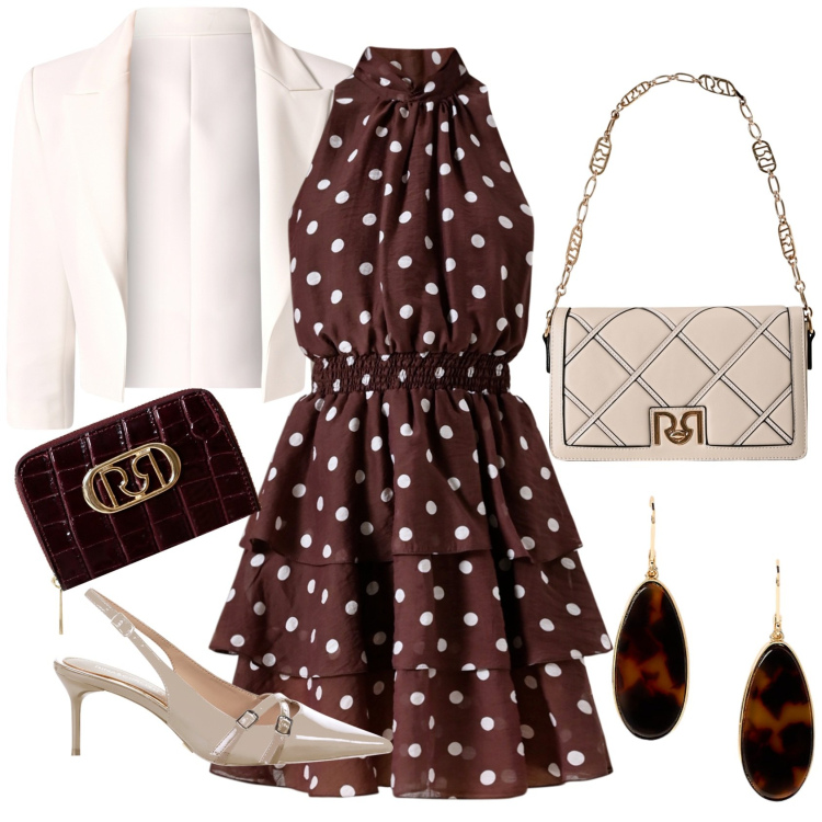 Outfit donna - Cresime autunnali. Stile Glamour per Cerimonia. Abbinamento con blazer, portafogli, borse a tracolla, décolleté, vestiti senza maniche, orecchini.