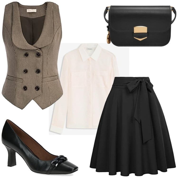 Outfit femme - Élégance retro. Style Vintage rétro pour Tous les jours. Assortir avec chemisiers, jupes, gilets sans manche, chaussures à talon, sacs en bandoulière.