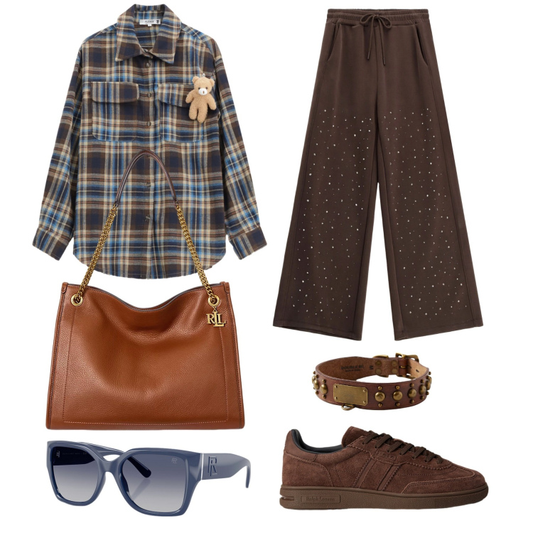 Outfit donna - Casual chic. Stile Casual chic per Tutti i giorni. Abbinamento con camicie, pantaloni, occhiali da sole, borse tote, anelli, sneakers.