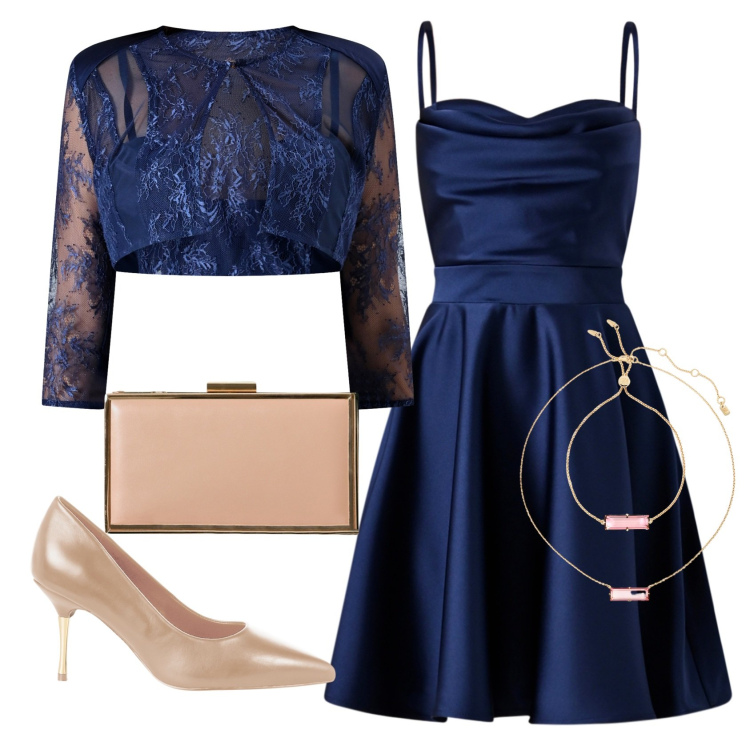 Outfit donna - Testimone. Stile Chic per Cerimonia. Abbinamento con décolleté, pochette, vestiti corti, bolero, braccialetti, collane.