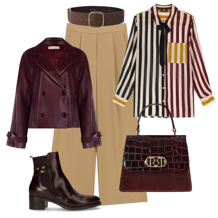 Outfit donna - Autunno urbano: palette in trend. Stile Casual chic per Tutti i giorni. Abbinamento con giacche, borse a mano, pantaloni a palazzo, camicie, cinture, stivaletti.