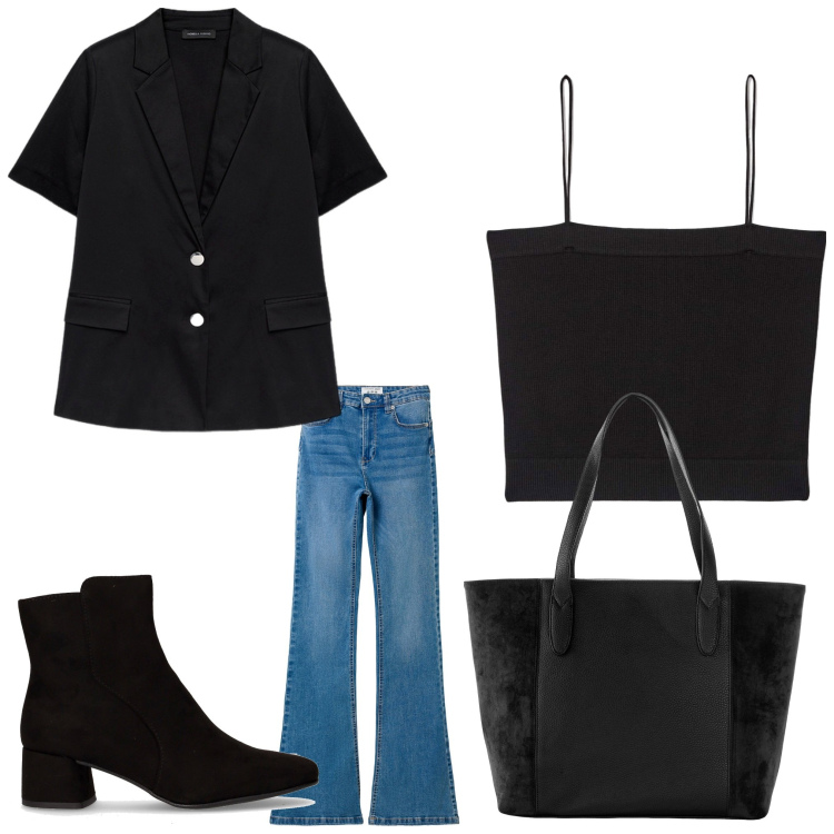 Outfit donna - Nero chic. Stile Casual chic per Serata fuori. Abbinamento con shopping bag, jeans a zampa, canottiere, stivaletti, blazer.