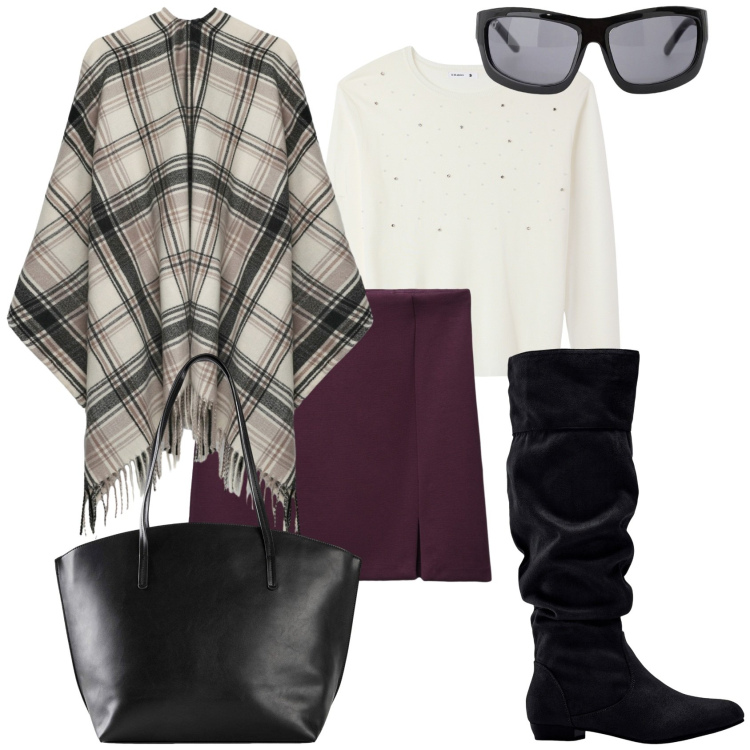 Outfit donna - Look rilassato col tartan. Stile Trendy per Tutti i giorni. Abbinamento con stivali, shopping bag, maglieria, cappotti, minigonne, occhiali da sole.
